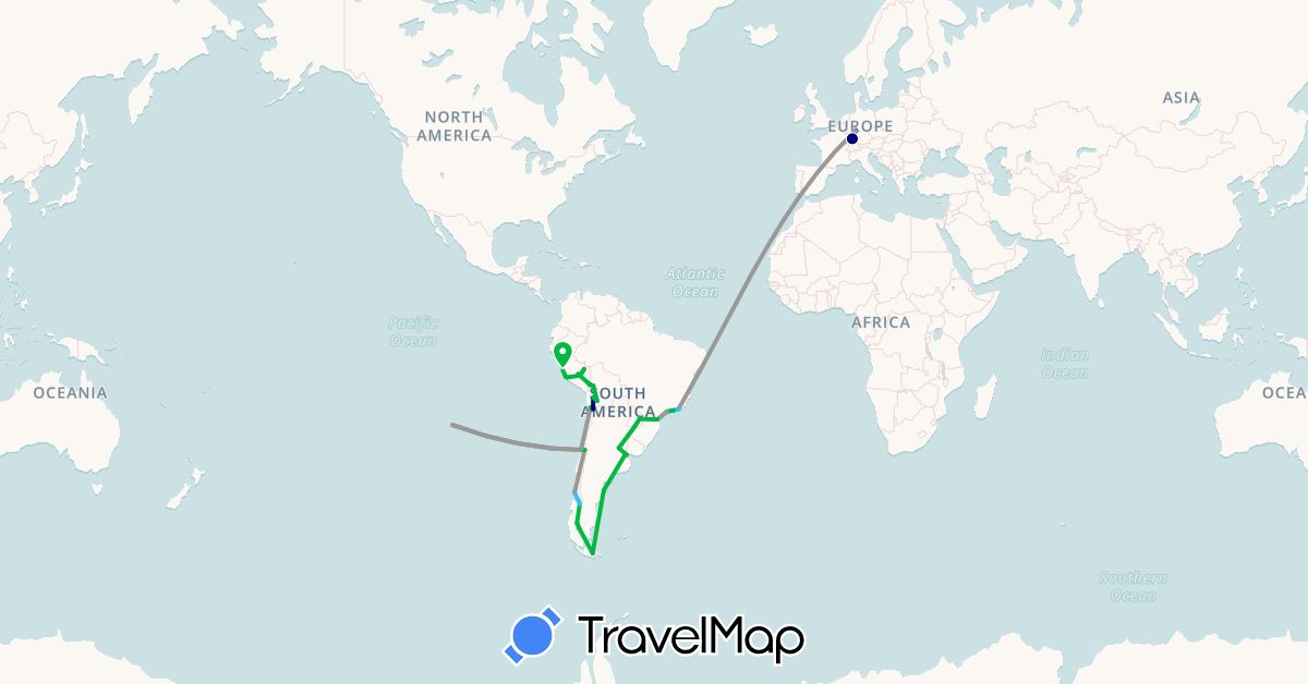 TravelMap itinerary: driving, bus, plane, boat in Argentina, Bolivia, Brazil, Chile, Germany, France, Peru (Europe, South America)